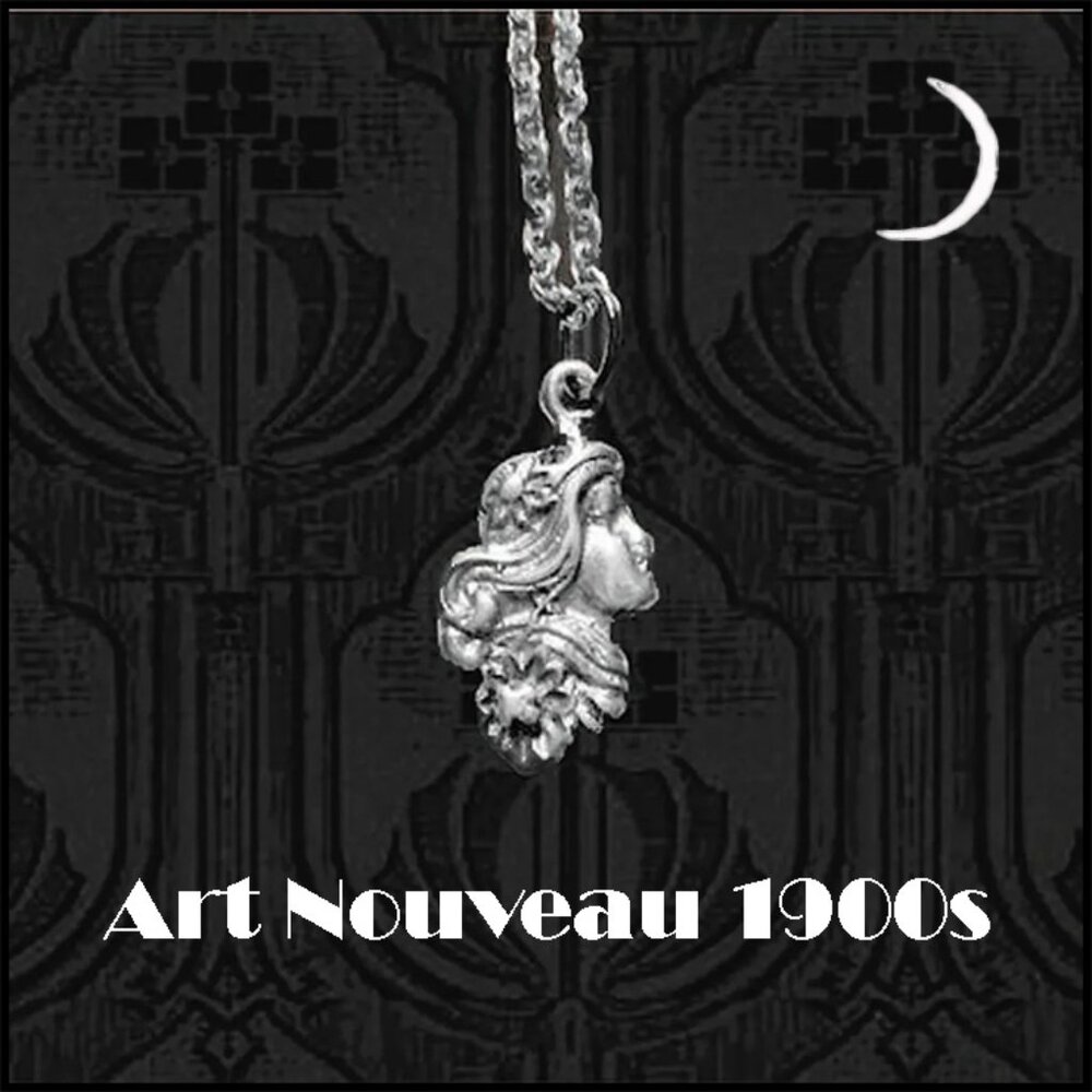 Antique Art Nouveau Necklace 925 Silver Cameo Pendant, Dainty Vintage Chain